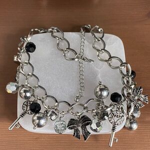 Silver Charm Necklace with Black Accents